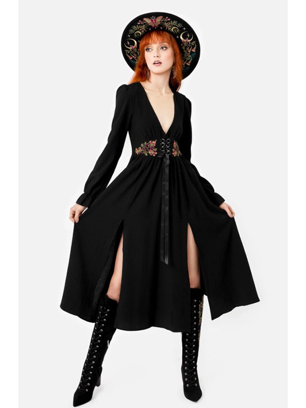 Poisoned Petal Jurk Met Wilderwood Borduurwerk, V-Hals En Dubbele Splitten