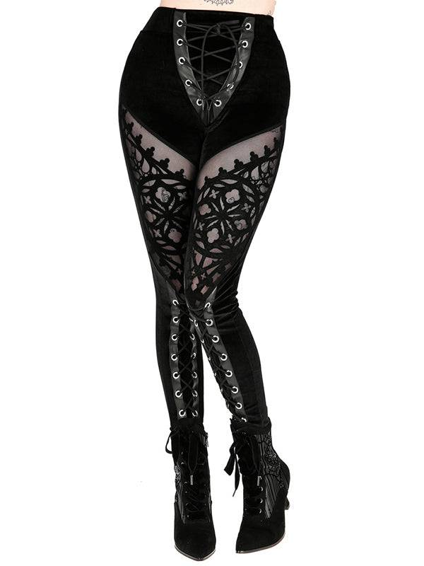 Rosarium Zwarte Fluwelen Leggings Met Transparante Meshpanelen En Korsetveters